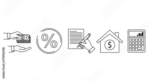 Financial icons set illustrating cash, percentage, contract, house loan, and calculator for finance and business concepts