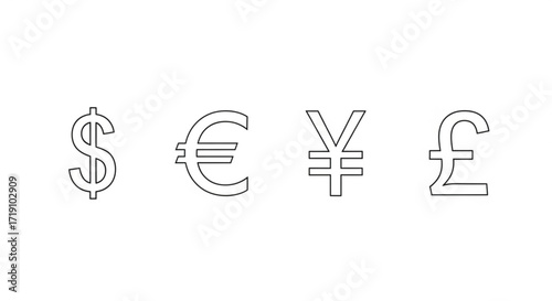 Multiple currency icons including US dollar, Euro, Japanese Yen, and British Pound symbols