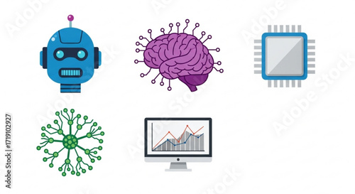 A collection of modern technology and artificial intelligence icons representing innovation and future advancements