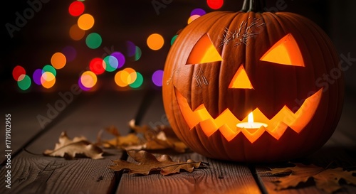 Jackolantern pumpkin with candle and bokeh lights