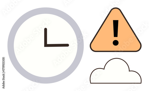 Stylized clock, triangle warning sign with exclamation mark, and cloud. Ideal for time management, digital alerts, caution, deadlines, cloud computing connectivity and planning. Simple flat