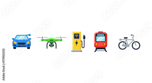 Set of transportation icons including car, drone, electric vehicle charger, train, and bicycle