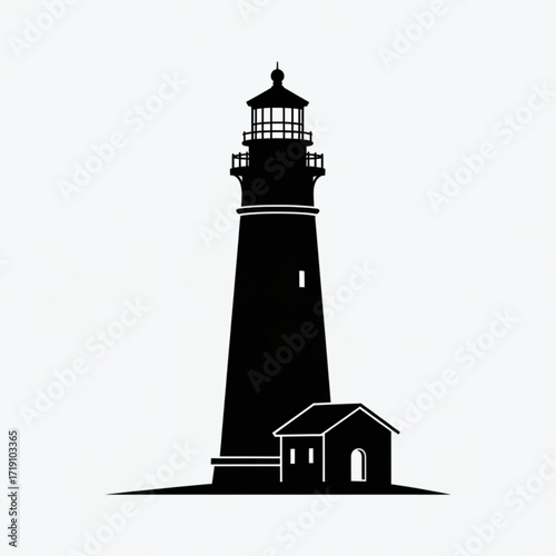 Vector art of black silhouette of a lighthouse with a small building