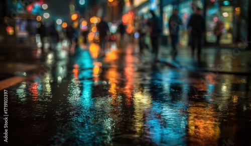 Wallpaper Mural colorful city street lights reflection on wet pavement after rain
 Torontodigital.ca