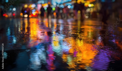 Wallpaper Mural colorful city street lights reflection on wet pavement after rain
 Torontodigital.ca