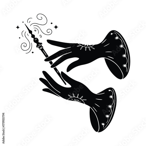 Magic hands holding wand with celestial energy emanating mystery and occult symbolism elegant illustration