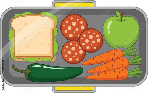 Packed lunch box with sandwich apple carrots and pepperoni slices editable vector