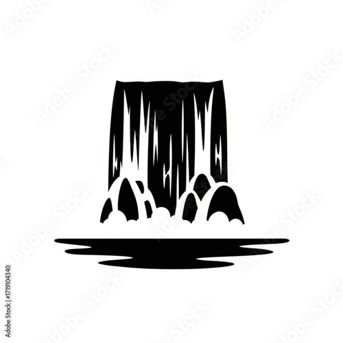 Vector art of black and white silhouette of a waterfall cascading over rocks