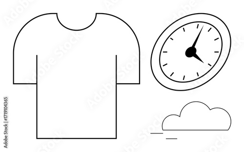 T-shirt outline, tilted clock showing time, and small cloud. Ideal for scheduling, casual wear, weather forecast, daily habits, time management simplicity minimalism. Simple flat metaphor