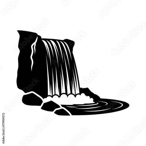 Vector art of black and white illustration of a waterfall cascading over rocks into a pool