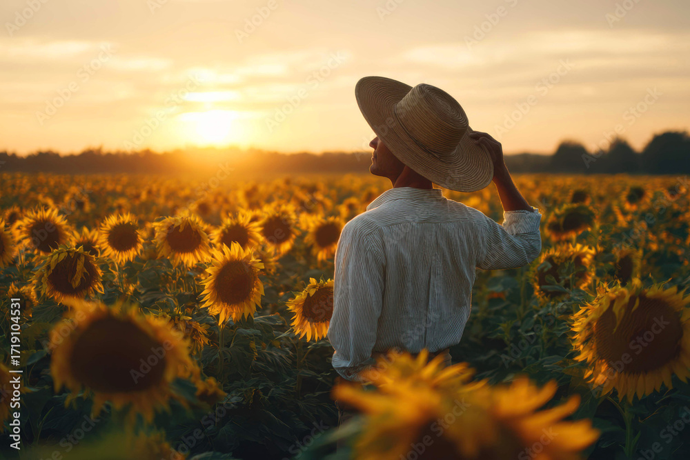Fototapeta premium Female farmer in wide hat standing in blooming sunflower field at golden hour – countryside lifestyle and nature appreciation