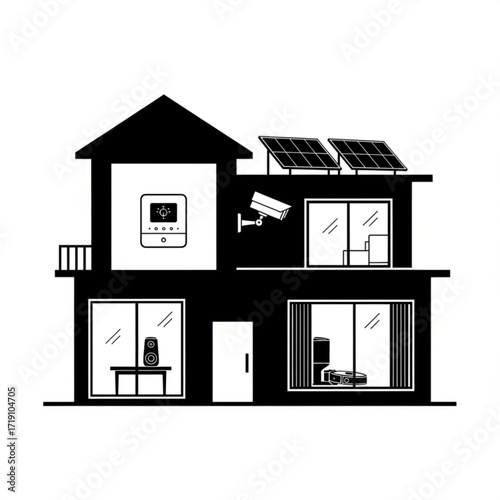 Vector art of smart home technology illustration with solar panels and security camera