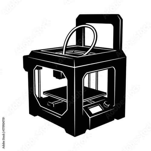 Vector art of black and white illustration of a 3d printer