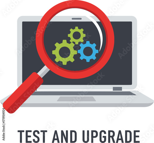Laptop software test upgrade maintenance optimization magnifying glass editable vector