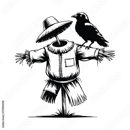 Monochrome drawing of a scarecrow with a crow perched on its shoulder standing tall