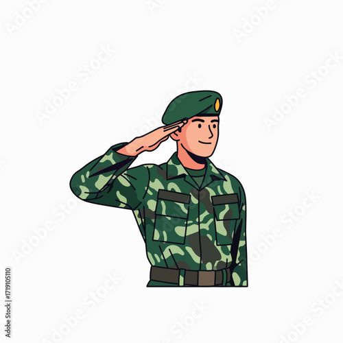 Proud Soldier Rendering a Respectful Military Salute in Camouflage Uniform