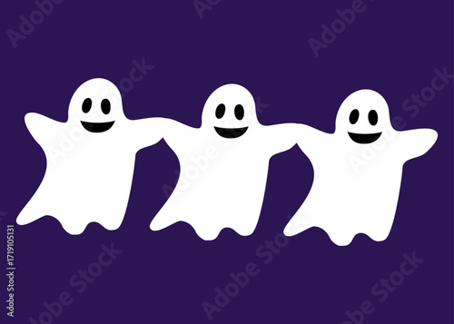 Logo con grupo de fantasmas volando sobre fondo nocturno para felicitaciones y tarjetas de Halloween.