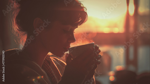 young woman drinking coffee at sunrise