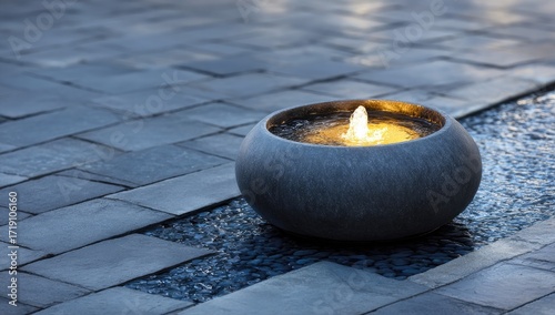 Dark gray stone water fountain, lit flame