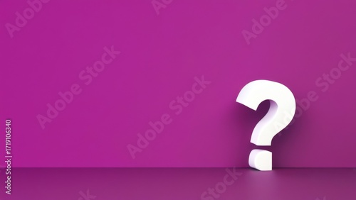 Minimalistic 3D white question mark on purple background with gradient, modern design, facing right.