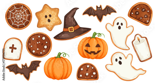 色々なハロウィンクッキーの水彩風手書きイラストセット / おしゃれなベクターイラスト