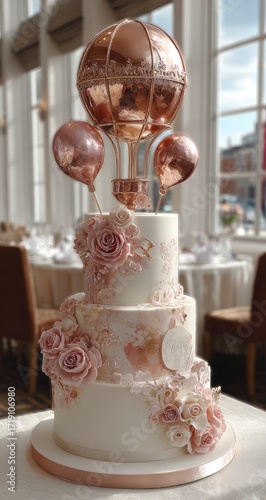 Wallpaper Mural Three-tiered wedding cake adorned with blush pink roses, metallic rose gold accents, and a hot air balloon Torontodigital.ca