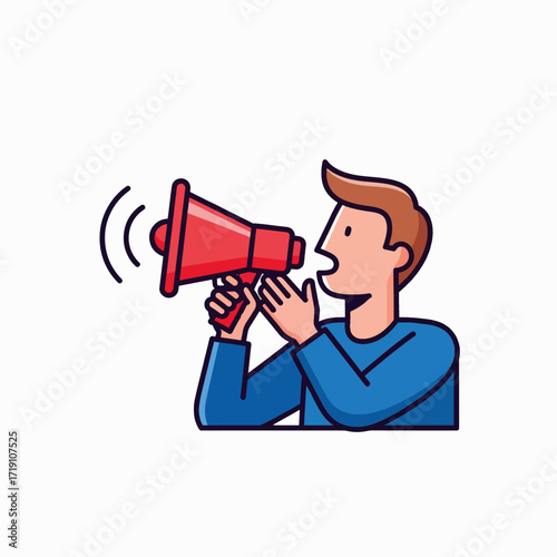 Man Speaking Loudly Through a Red Megaphone Announcing Something Important