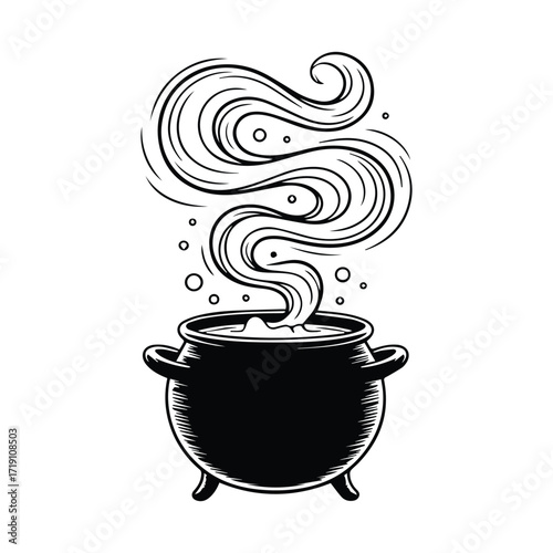 Mystical potion boiling in cauldron with magical steam and bubbles vector illustration