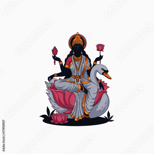 Divine Goddess of Wisdom and Arts Seated on a Swan with Lotus Flowers