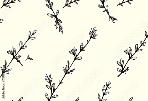 Elegant black line art rosemary sprigs repeating seamlessly, minimal, classic