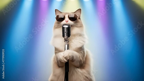 Cat Wearing Sunglasses Singing with Microphone Under Stage Lights
