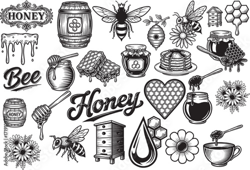 Vintage Honey Bee Vector Set with Beekeeping and Sweet Food Illustrations