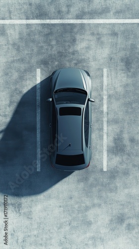A top-down view of a car parked in an empty parking lot