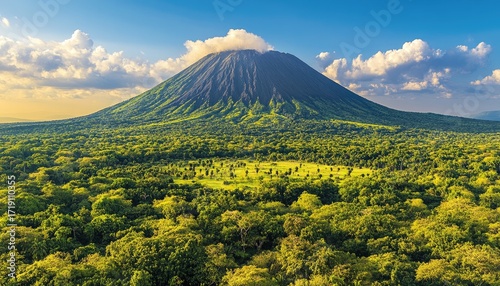 Lush green forest surrounds a dormant volcano under a partly cloudy sky
