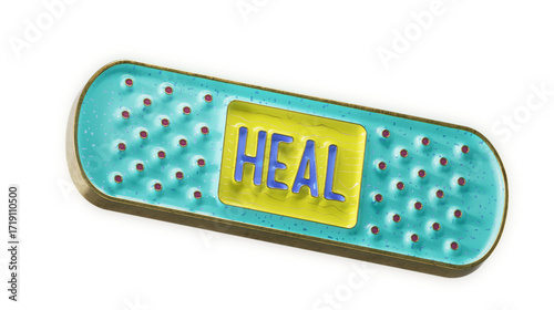 A teal-colored adhesive bandage pin with the word 