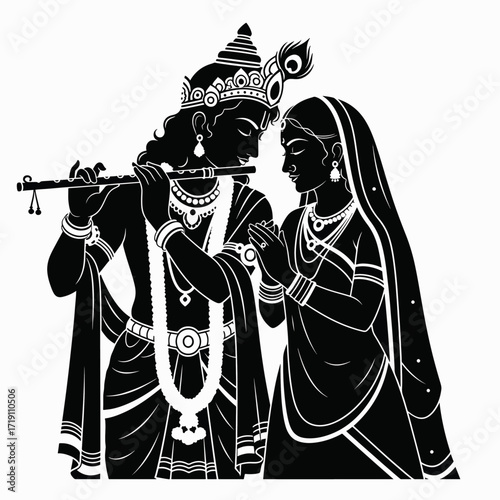 Divine Love of Lord Krishna and Radha Playing the Flute Together in Harmony