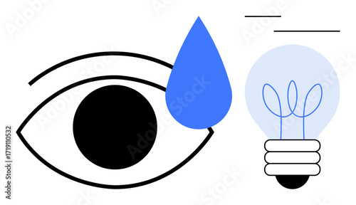 Open eye with a blue droplet and lightbulb containing plant sprouts, representing vision, creativity, growth, sustainability, innovation, environmental care, and fresh ideas. Ideal for ecology