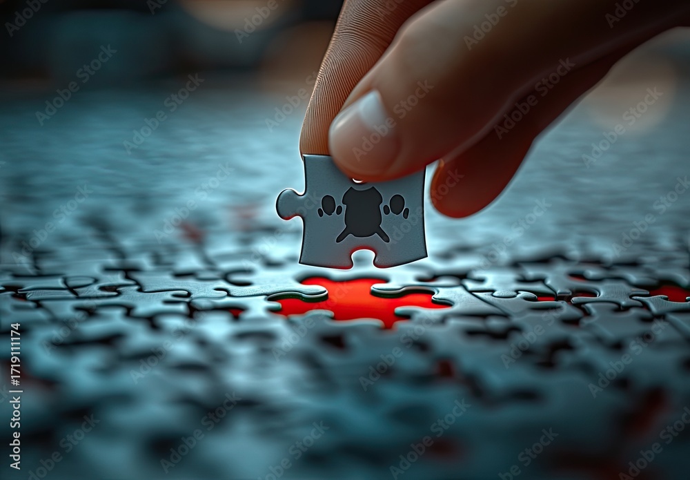 Obraz premium Hand placing puzzle piece with symbol