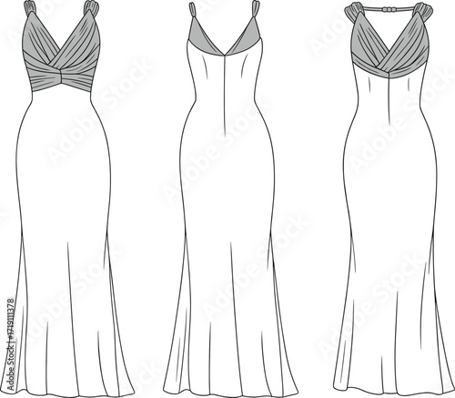 Elegant evening gown vector flat sketch with front, side, back views, draped bodice, low back detail, fashion apparel template illustrationElegant evening gown vector flat sketch with front