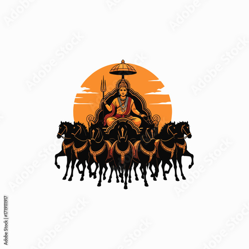 Sun God Surya riding chariot pulled by seven horses across the sky