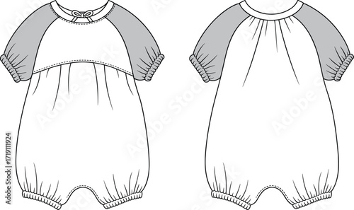 Baby romper vector flat sketch with raglan short sleeves, gathered yoke detail, infant clothing design, fashion apparel template for garment illustration