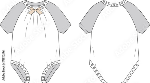Baby romper vector flat sketch with flutter sleeves, gathered bodice, infant onesie design, fashion apparel template for garment construction and illustration