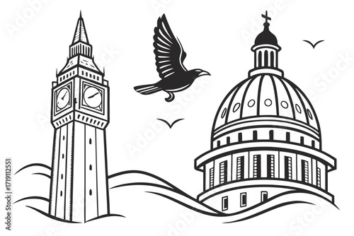 London landmark icon with an illustration of the Big Ben and Houses of Parliament against a European city silhouette