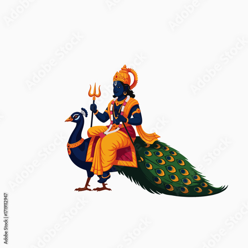 Hindu Deity Kartikeya Lord of War Riding Majestic Peacock