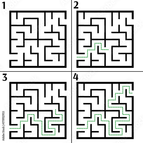 Illustration with labyrinth, maze conundrum for kids. Baby puzzle with entry and exit. Children puzzle game. 4 steps to complete the maze.