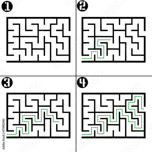 Illustration with labyrinth, maze conundrum for kids. Baby puzzle with entry and exit. Children puzzle game. 4 steps to complete the maze.