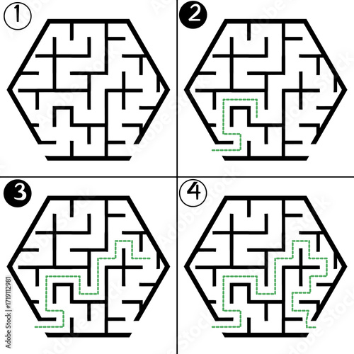 Illustration with labyrinth, maze conundrum for kids. Baby puzzle with entry and exit. Children puzzle game. 4 steps to complete the maze.
