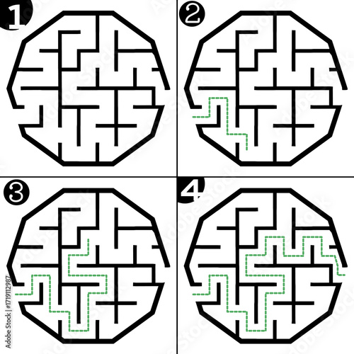 Illustration with labyrinth, maze conundrum for kids. Baby puzzle with entry and exit. Children puzzle game. 4 steps to complete the maze.