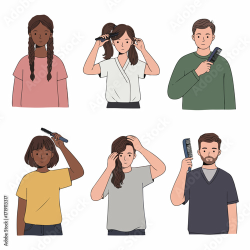 Diverse Individuals Practicing Daily Hair Care and Grooming Routines. Cartoon illustration of men and women brushing, combing, and styling their hair.