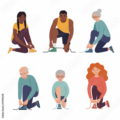 Diverse group of individuals across generations tying their shoelaces, symbolizing readiness and an active lifestyle for all ages.